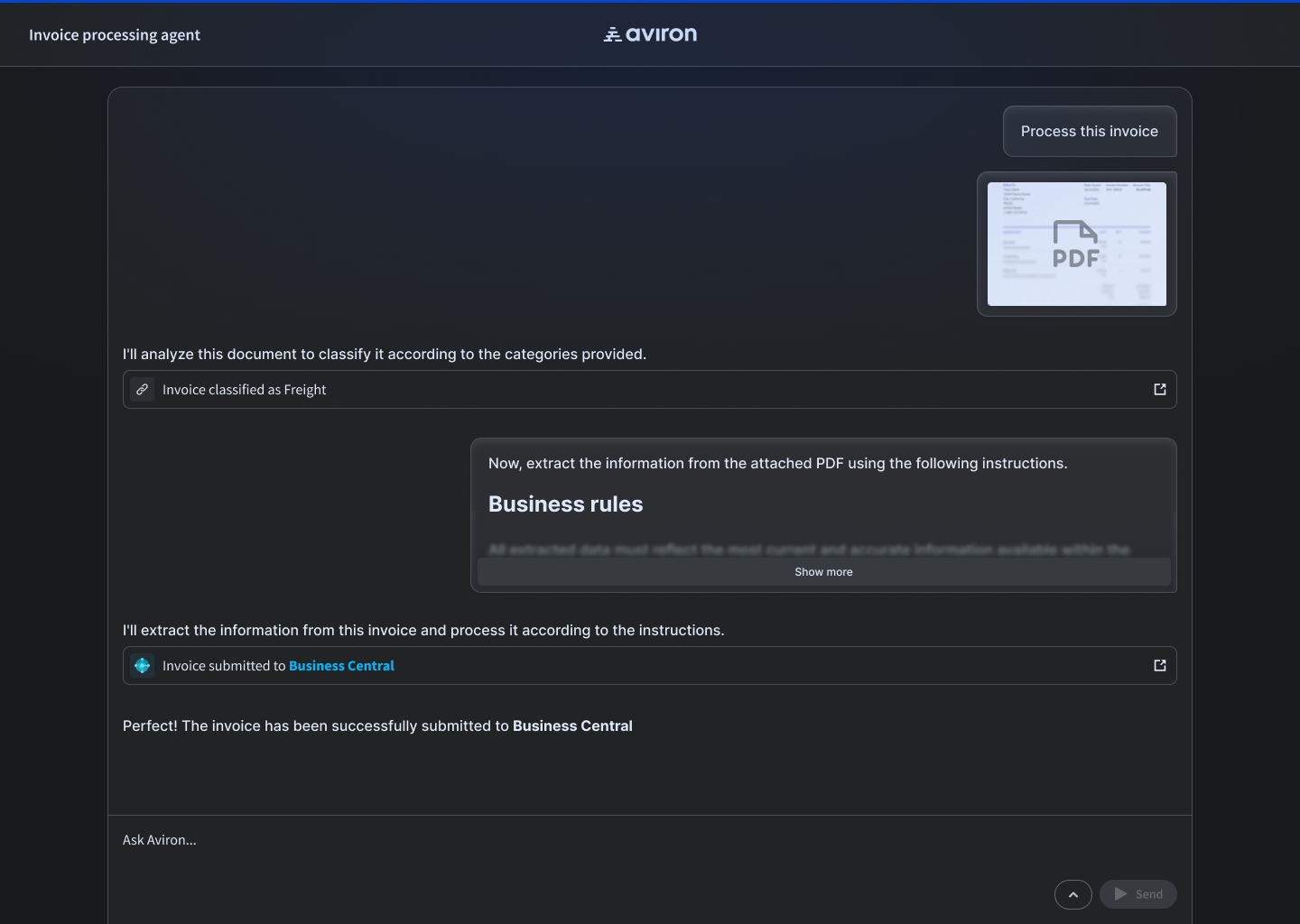 The Aviron platform processing an invoice end to end